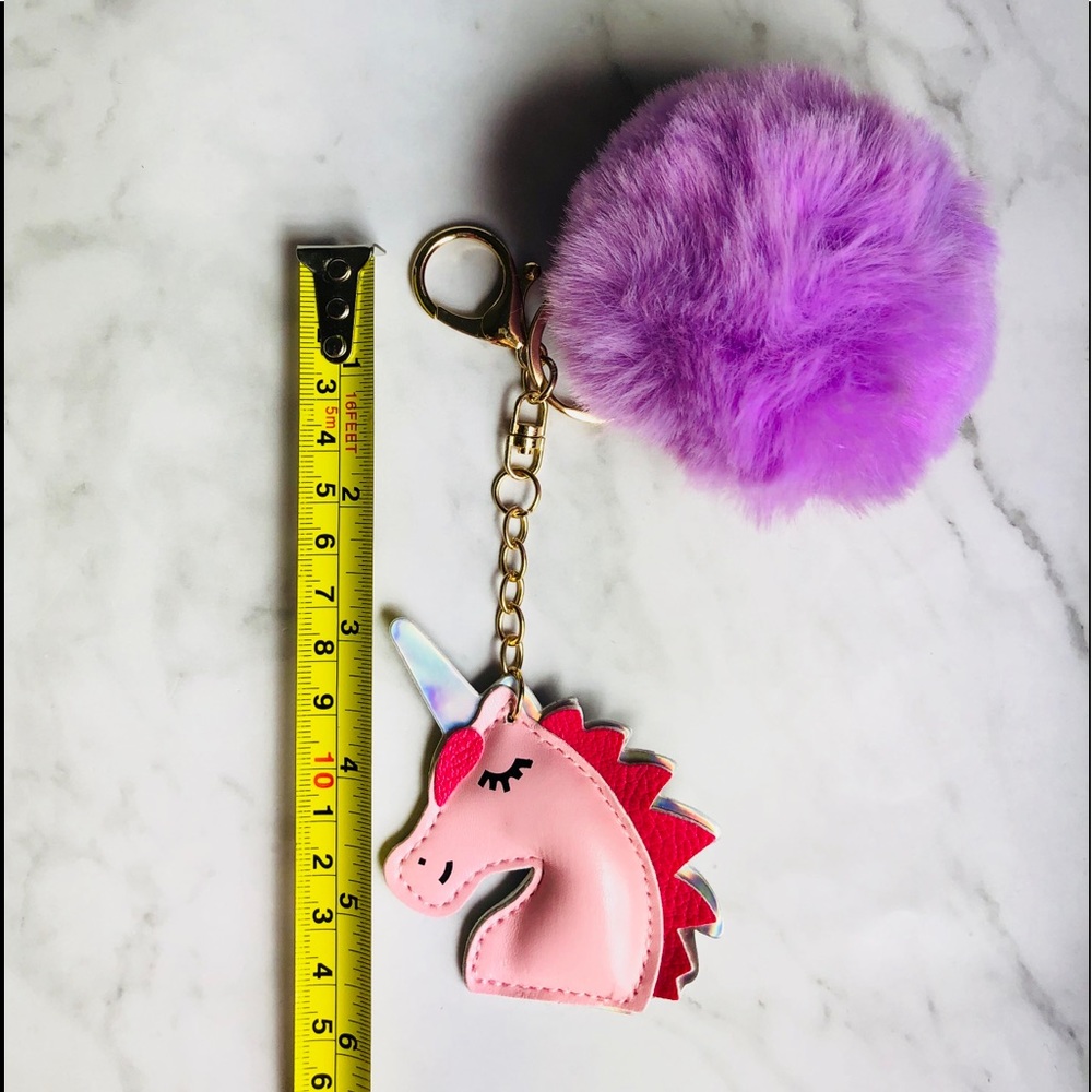 New! Unicorn Faux Fur Pom Pom Keychain Bag Charm - Picture 5 of 5